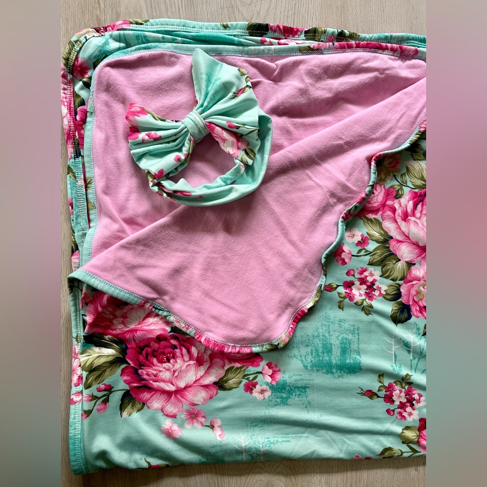 EUC Posh Peanut Aqua Floral Swaddle Headband Set
